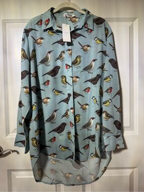 Song Bird Print LA Soul Button-Up Blouse Tunic Aqua Blue L